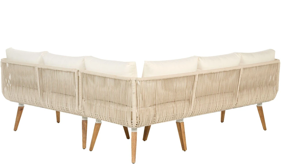 Lauko baldų komplektas Beliani Sodo kampinė sofa su stalu 5 asmenims ALCAMO kairinė, šviesiai smėlio spalvos, akacijos mediena