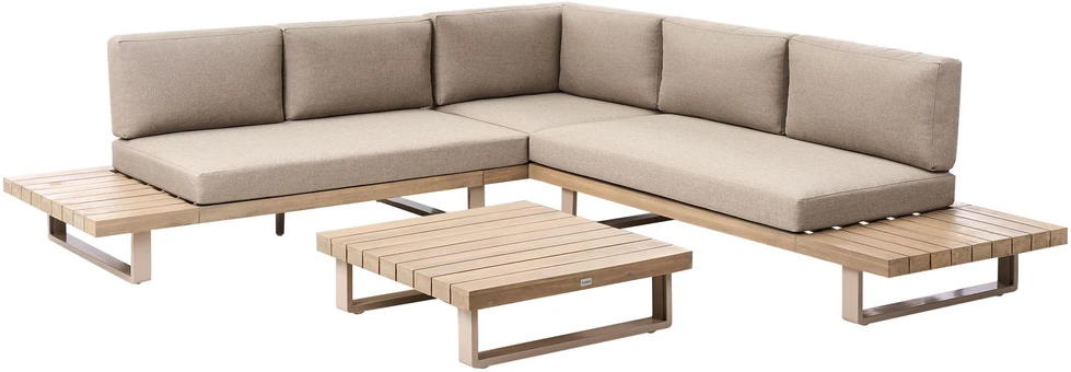 Lauko baldų komplektas Beliani Sodo kampinė sofa su staliuku 5 asmenims MYKONOS, sertifikuota akacijos mediena, smėlio ir pilkos spalvos, dešininė