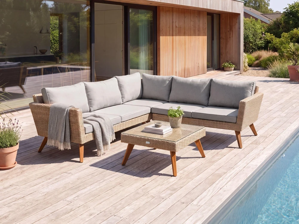 Lauko baldų komplektas Beliani Sodo kampinė sofa su staliuku 6 asmenims VITTORIA technoratanas pilka