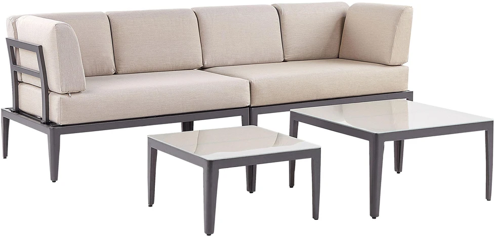 Lauko baldų komplektas Beliani Sodo kampinė sofa su staliuku 6 asmenims RIMA III kairinė smėlio spalvos metalinė modulinė