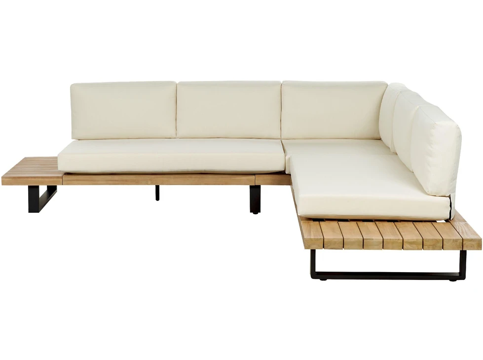 Lauko baldų komplektas Beliani Sodo kampinė sofa su staliuku 5 asmenims MYKONOS dešininė, kreminės spalvos, sertifikuota akacijos mediena