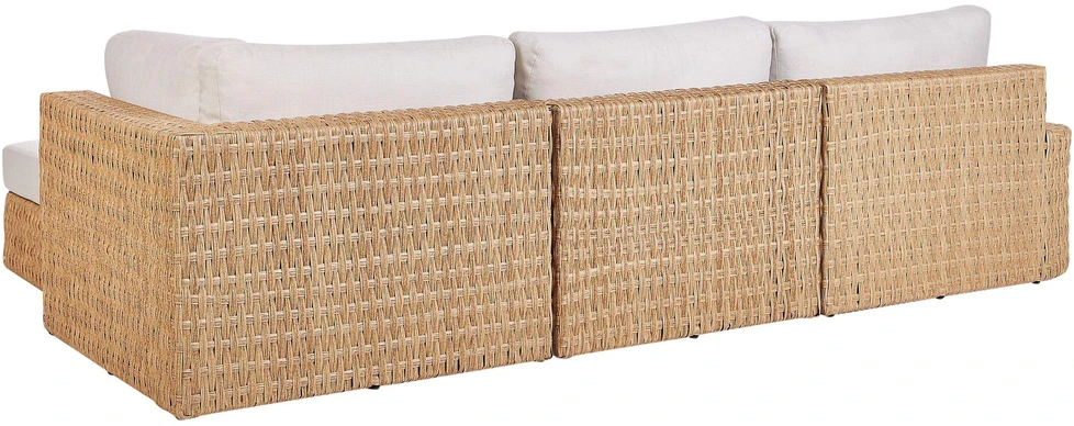 Lauko baldų komplektas Beliani Sodo kampinė sofa su staliuku 4 asmenims OLIVERI Kairinė Smėlio spalvos dirbtinis ratanas