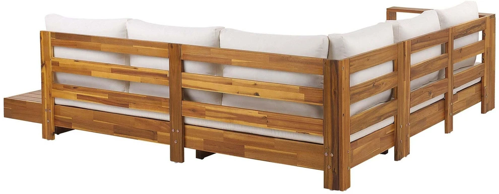 Lauko baldų komplektas Beliani Sodo kampinė sofa 5 asmenims MARETTIMO dešininė, kreminė balta, sertifikuota akacijos mediena