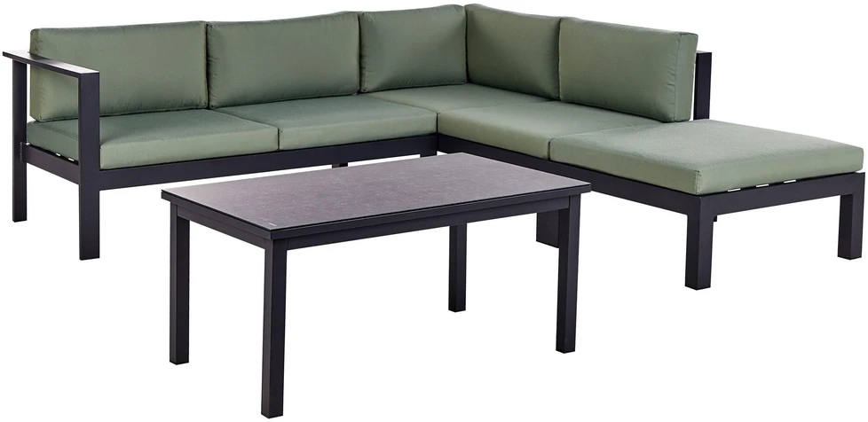 Lauko baldų komplektas Beliani Sodo kampinė sofa su staliuku 5 asmenims MESSINA kairinė žalia metalinė