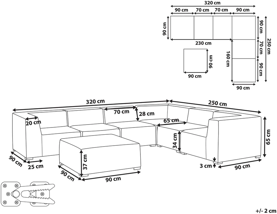 Lauko baldų komplektas Beliani Sodo kampinė sofa su pufu 7 asmenims AREZZO kairinė šviesiai pilka modulinė