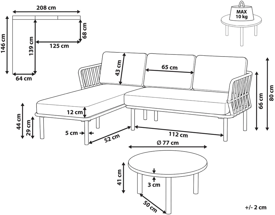 Lauko baldų komplektas Beliani Sodo kampinė sofa su staliuku 3 žmonėms ORTE, metalinė, smėlio spalvos, dešinės pusės