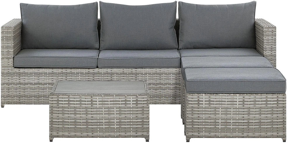 Lauko baldų komplektas Beliani Sodo kampinė sofa su staliuku 5 asmenims SABBIA modulinė iš dirbtinio ratano dešininė šviesiai pilka