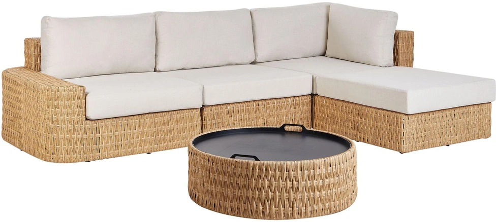 Lauko baldų komplektas Beliani Sodo kampinė sofa su staliuku 4 asmenims OLIVERI Kairinė Smėlio spalvos dirbtinis ratanas
