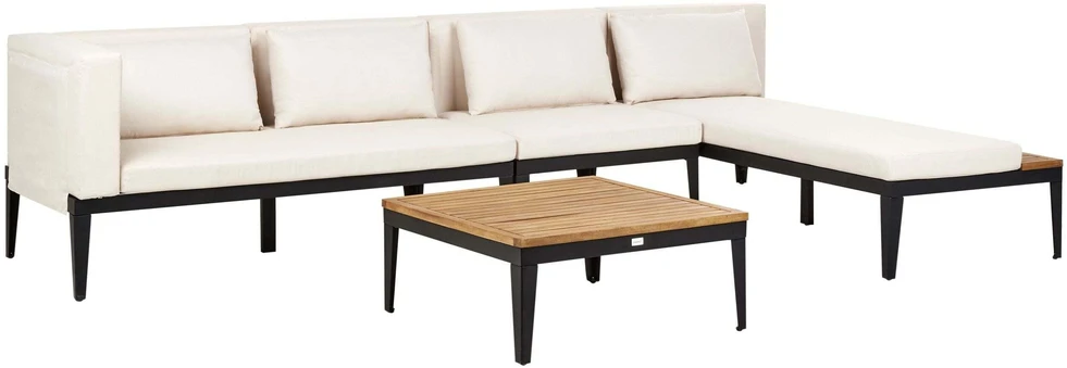 Lauko baldų komplektas Beliani Sodo kampinė sofa su staliuku 4 asmenims BRACCIANO Kairinė šviesiai smėlio spalvos, sertifikuota akacijos mediena