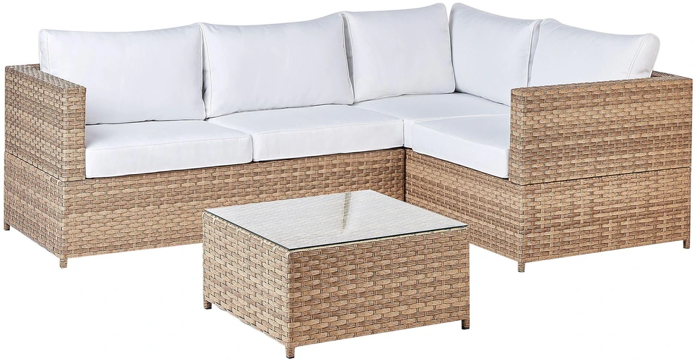 Lauko baldų komplektas Beliani Sodo kampinė sofa su stalu AVOLA, kairinė, kreminė balta, technorotangas