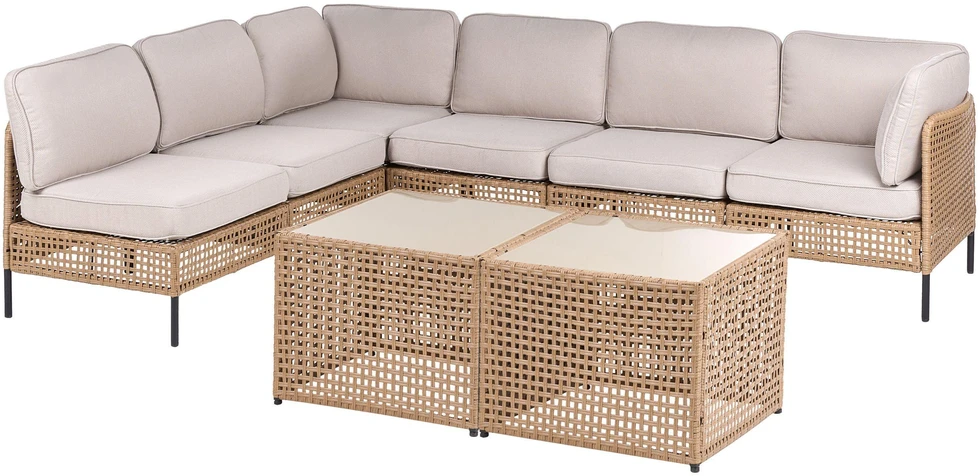 Lauko baldų komplektas Beliani Sodo kampinė sofa su staliuku 6 asmenims OMEGANA šviesiai smėlio spalvos iš technoratano, modulinė