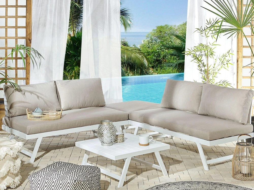 Lauko baldų komplektas Beliani Sodo kampinė sofa su staliuku 5 asmenims COCCORINO smėlio ir pilkos spalvos metalas