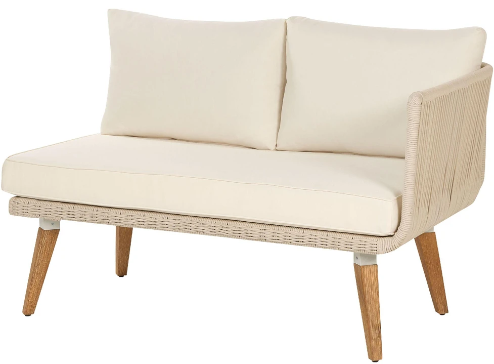 Lauko baldų komplektas Beliani Sodo kampinė sofa su stalu 5 asmenims ALCAMO kairinė, šviesiai smėlio spalvos, akacijos mediena