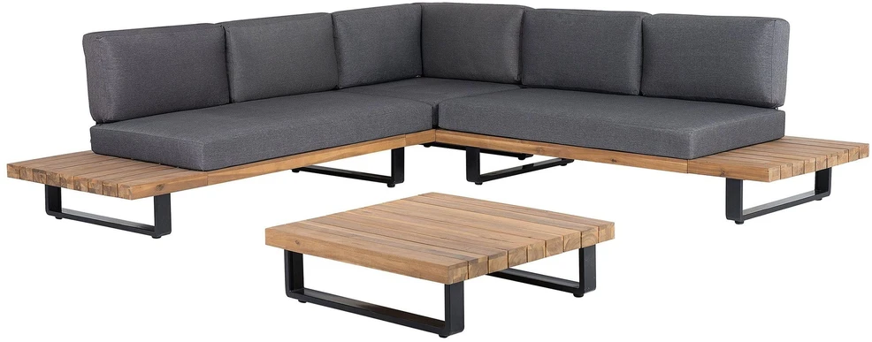 Lauko baldų komplektas Beliani Sodo kampinė sofa su stalu 5 asmenims MYKONOS dešininė tamsiai pilka, sertifikuota akacijos mediena