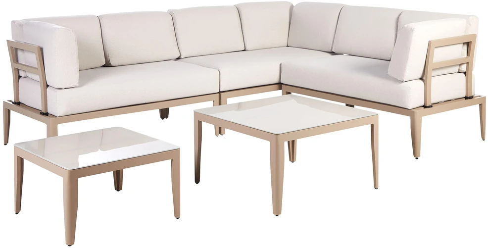 Lauko baldų komplektas Beliani Sodo kampinė sofa su staliuku 6 asmenims RIMA III kairinė, šviesiai smėlio spalvos