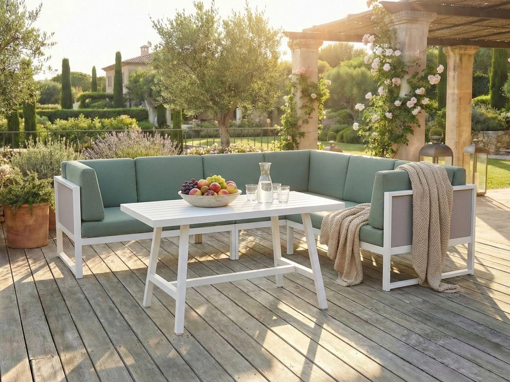 Lauko baldų komplektas Beliani Sodo kampinė sofa su stalu 6 asmenims CASTELLA/FRATTE kairinė, žalia, metalinė