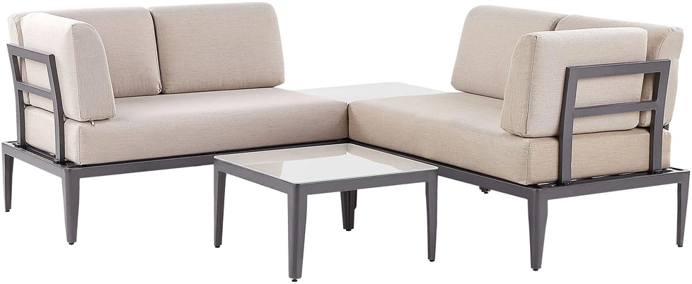 Lauko baldų komplektas Beliani Sodo kampinė sofa su staliuku 6 asmenims RIMA III kairinė smėlio spalvos metalinė modulinė