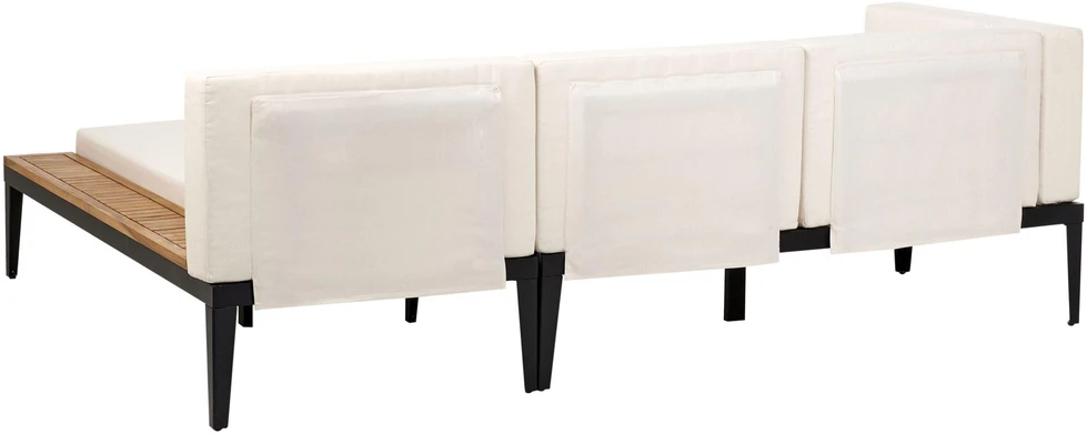 Lauko baldų komplektas Beliani Sodo kampinė sofa su staliuku 3 asmenims BRACCIANO kairinė, šviesiai smėlio spalvos, sertifikuota akacijos mediena