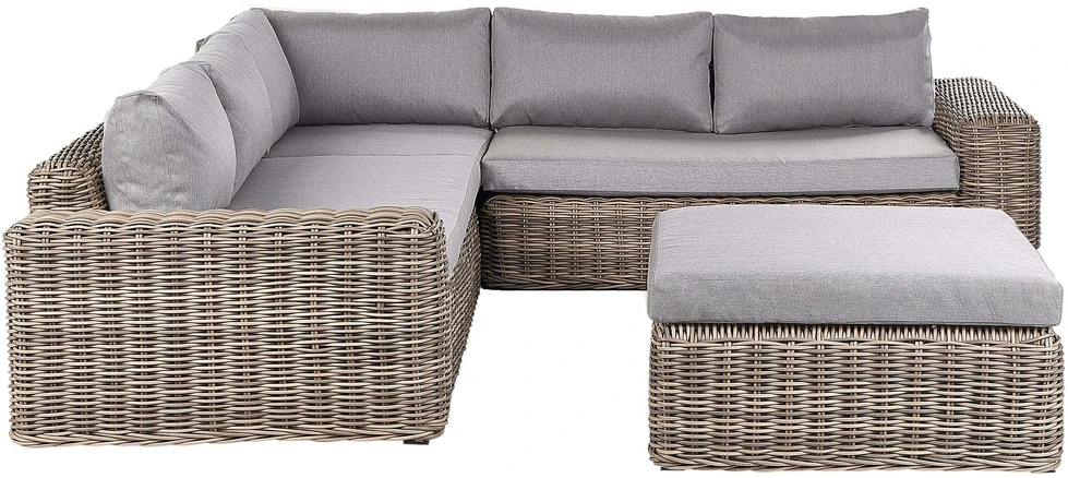 Lauko baldų komplektas Beliani Sodo kampinė sofa su pufu 6 asmenims PALERMO šviesiai ruda technorattanas, modulinė