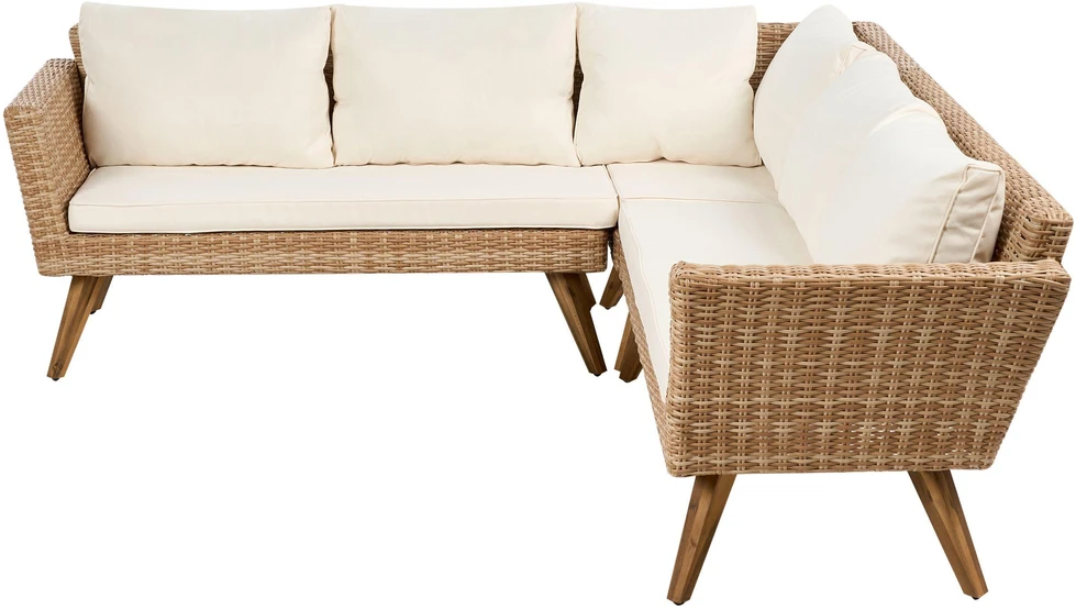 Lauko baldų komplektas Beliani Sodo kampinė sofa su staliuku 6 asmenims VITTORIA technoratanas, kreminė balta