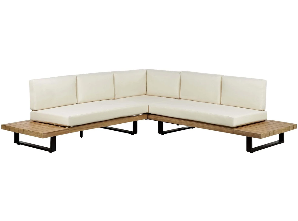 Lauko baldų komplektas Beliani Sodo kampinė sofa su staliuku 5 asmenims MYKONOS dešininė, kreminės spalvos, sertifikuota akacijos mediena
