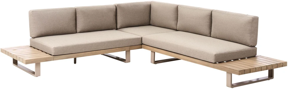 Lauko baldų komplektas Beliani Sodo kampinė sofa su staliuku 5 asmenims MYKONOS, sertifikuota akacijos mediena, smėlio ir pilkos spalvos, dešininė