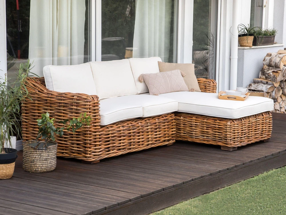 Lauko baldų komplektas Beliani Sodo kampinė sofa 3 asmenims BRIATICO Kairinė, natūralus ratanas