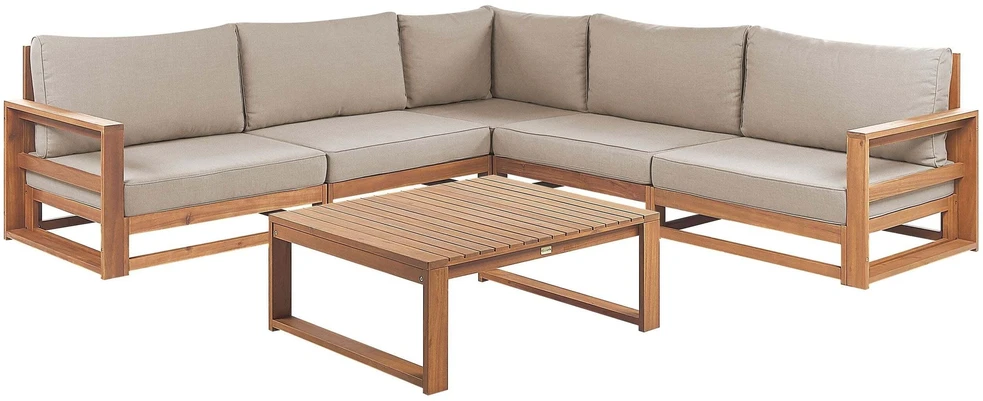 Lauko baldų komplektas Beliani Sodo kampinė sofa su staliuku 5 žmonėms TIMOR Šviesiai ruda Sertifikuota akacijos mediena Modulinė