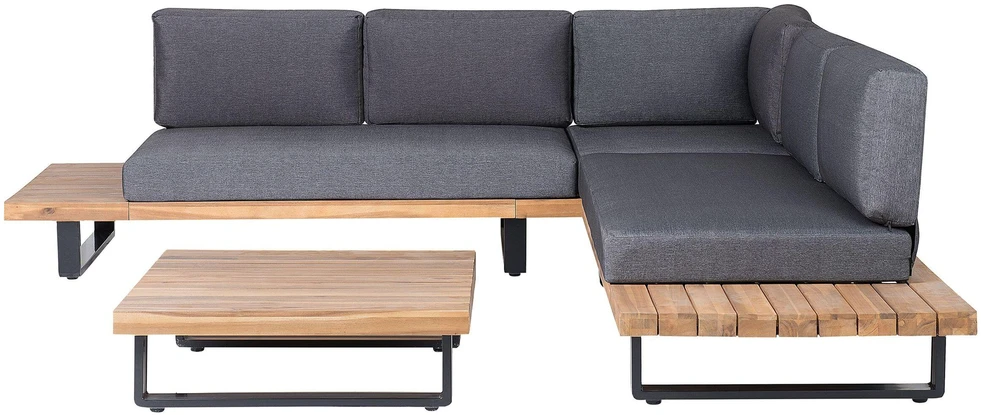 Lauko baldų komplektas Beliani Sodo kampinė sofa su stalu 5 asmenims MYKONOS dešininė tamsiai pilka, sertifikuota akacijos mediena
