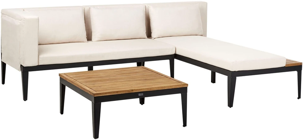 Lauko baldų komplektas Beliani Sodo kampinė sofa su staliuku 3 asmenims BRACCIANO kairinė, šviesiai smėlio spalvos, sertifikuota akacijos mediena