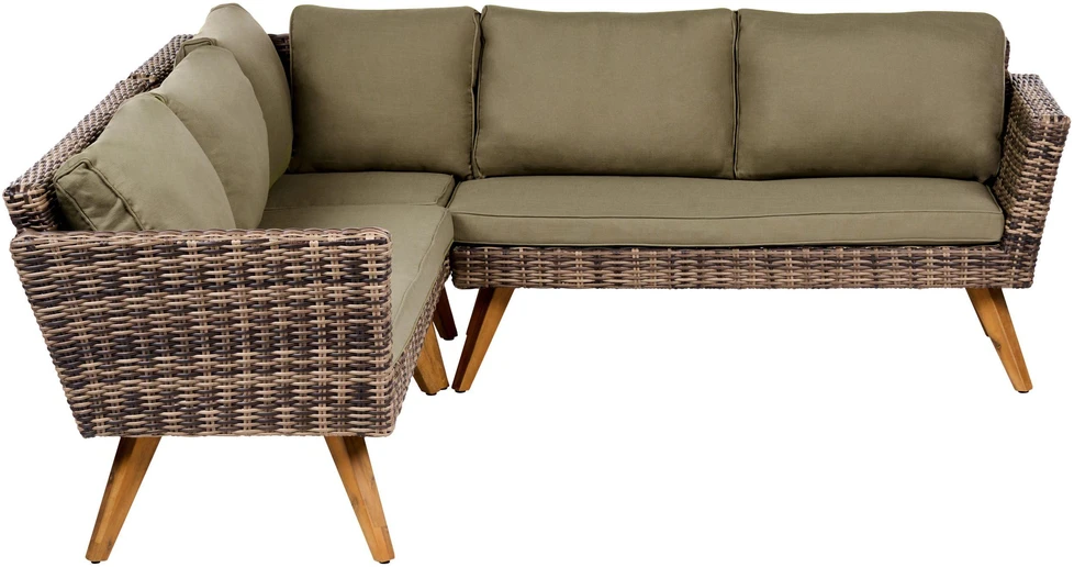 Lauko baldų komplektas Beliani Sodo kampinė sofa su staliuku 6 asmenims VITTORIA iš technorattano, alyvuogių spalvos