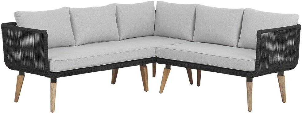 Lauko baldų komplektas Beliani Sodo kampinė sofa su stalu 5 asmenims ALCAMO kairinė, juoda, akacijos mediena