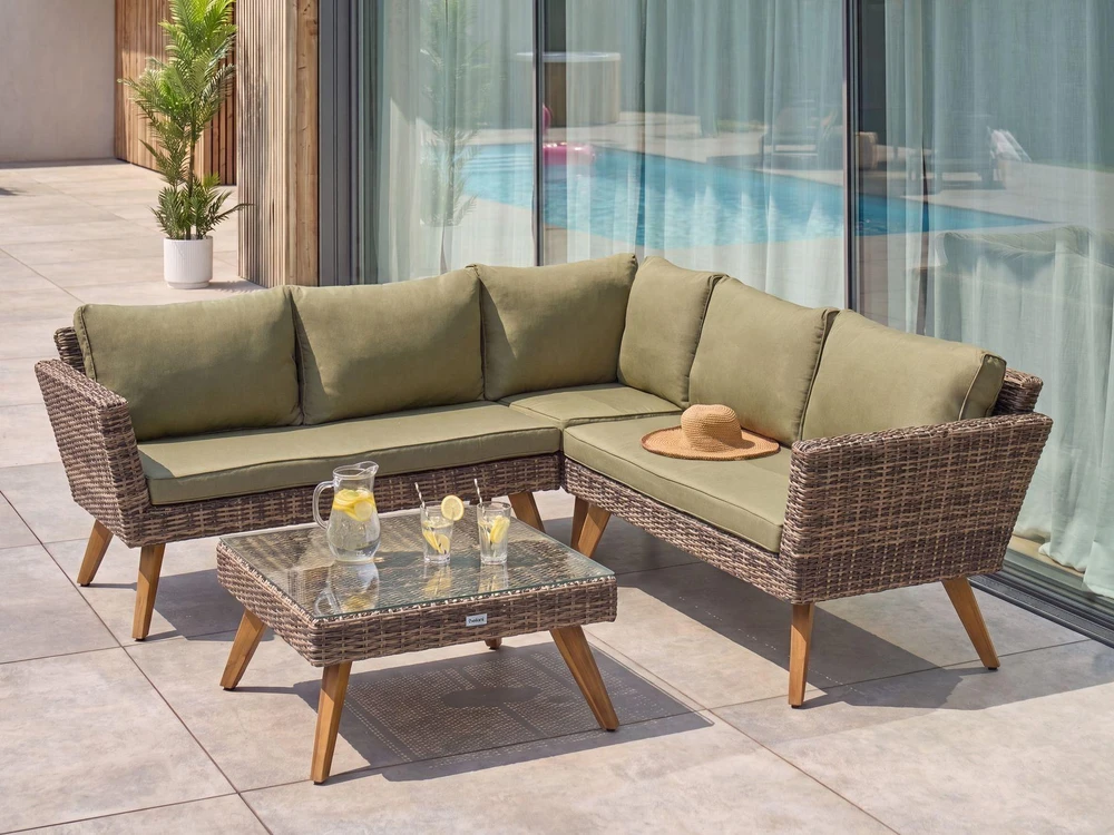 Lauko baldų komplektas Beliani Sodo kampinė sofa su staliuku 6 asmenims VITTORIA iš technorattano, alyvuogių spalvos