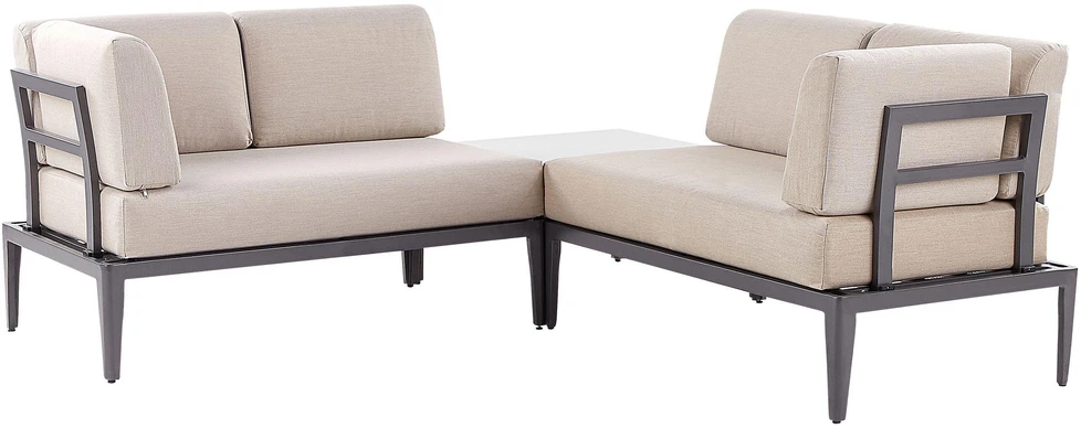 Lauko baldų komplektas Beliani Sodo kampinė sofa su staliuku 6 asmenims RIMA III kairinė smėlio spalvos metalinė modulinė