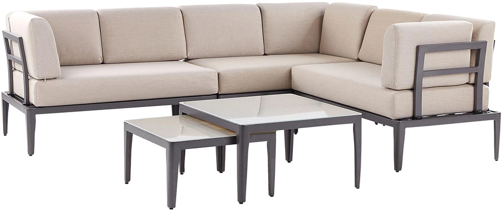 Lauko baldų komplektas Beliani Sodo kampinė sofa su staliuku 6 asmenims RIMA III kairinė smėlio spalvos metalinė modulinė