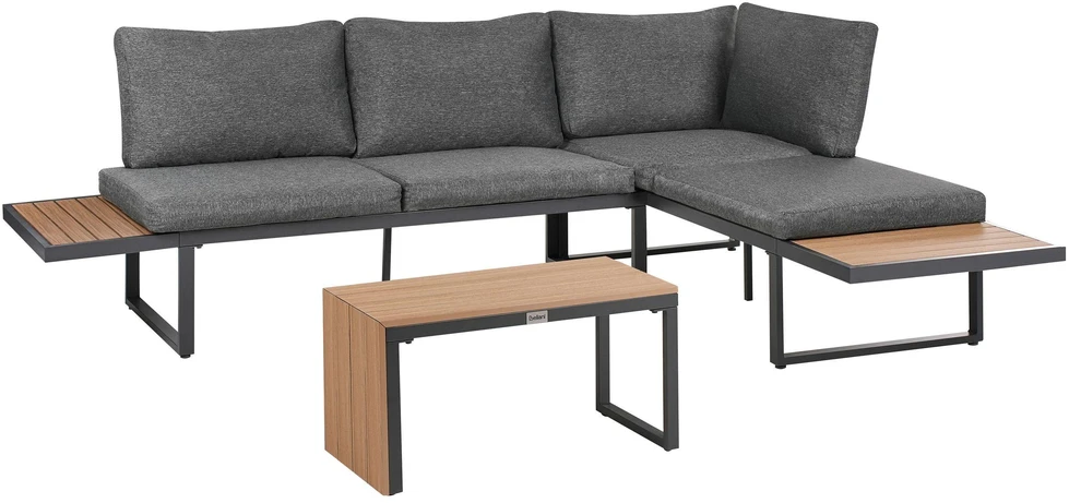 Lauko baldų komplektas Beliani Sodo kampinė sofa su staliuku 4 asmenims PIENZA kairinė, šviesiai ruda/pilka