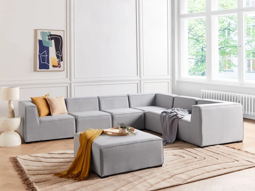 Lauko baldų komplektas Beliani Sodo kampinė sofa su pufu 7 asmenims AREZZO kairinė šviesiai pilka modulinė