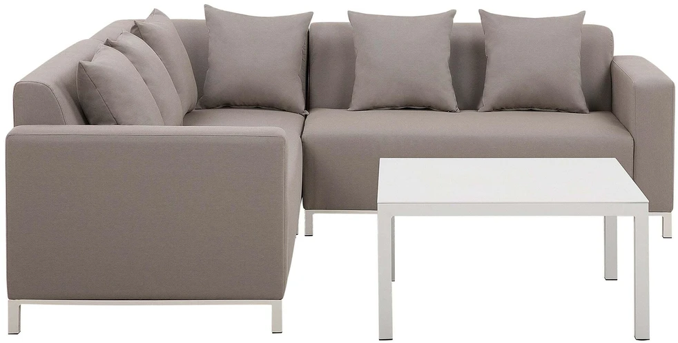 Beliani Sodo kampinė sofa su staliuku 5 asmenims BELIZE dešininė smėlio spalvos modulinė