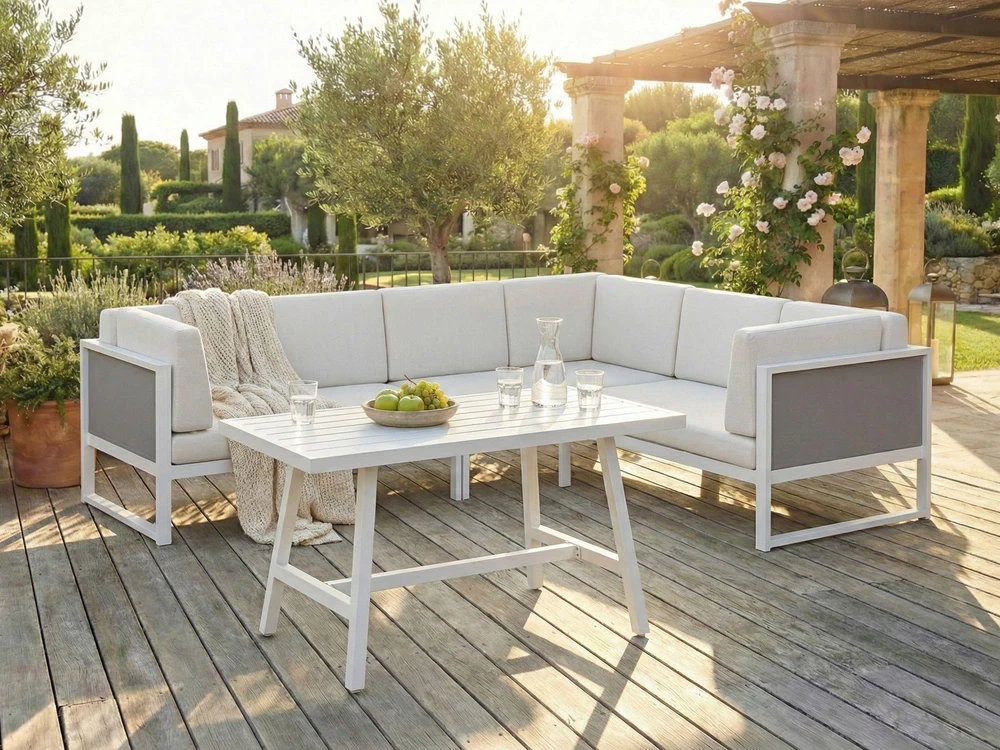 Lauko baldų komplektas Beliani Sodo kampinė sofa su stalu 6 asmenims CASTELLA/FRATTE kairinė, kreminė balta, metalinė