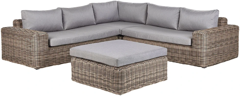 Lauko baldų komplektas Beliani Sodo kampinė sofa su pufu 6 asmenims PALERMO šviesiai ruda technorattanas, modulinė