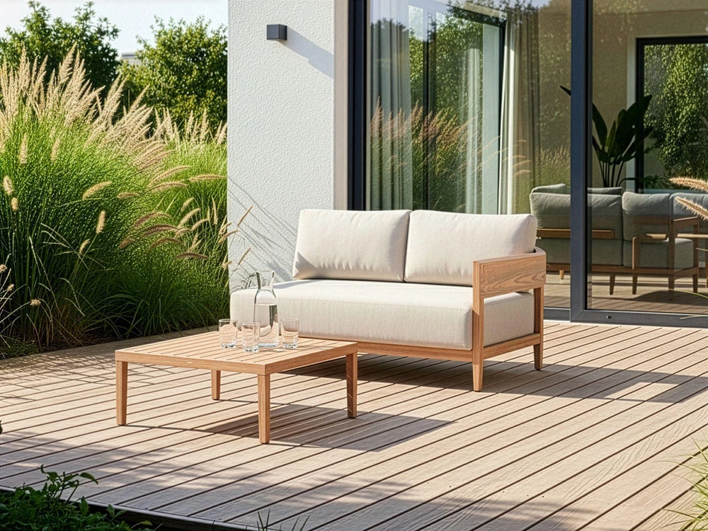 Lauko baldų komplektas Beliani Sodo sofa su staliuku 2 asmenims SAMPIERI šviesiai ruda metalinė