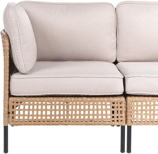 Lauko baldų komplektas Beliani Sodo sofa su staliuku 2 asmenims OMEGANA šviesiai smėlio spalvos technoratanas