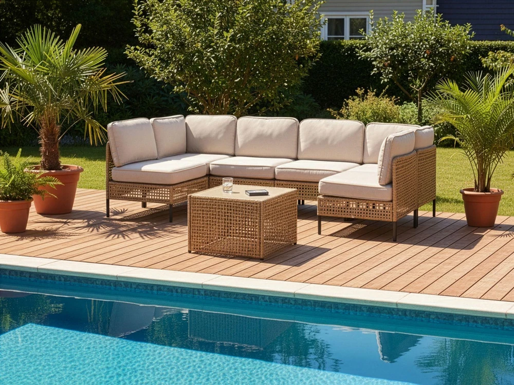 Lauko baldų komplektas Beliani U formos lauko sofa 6 asmenims OMEGANA Šviesiai smėlio spalvos Technorattanas Modulinė
