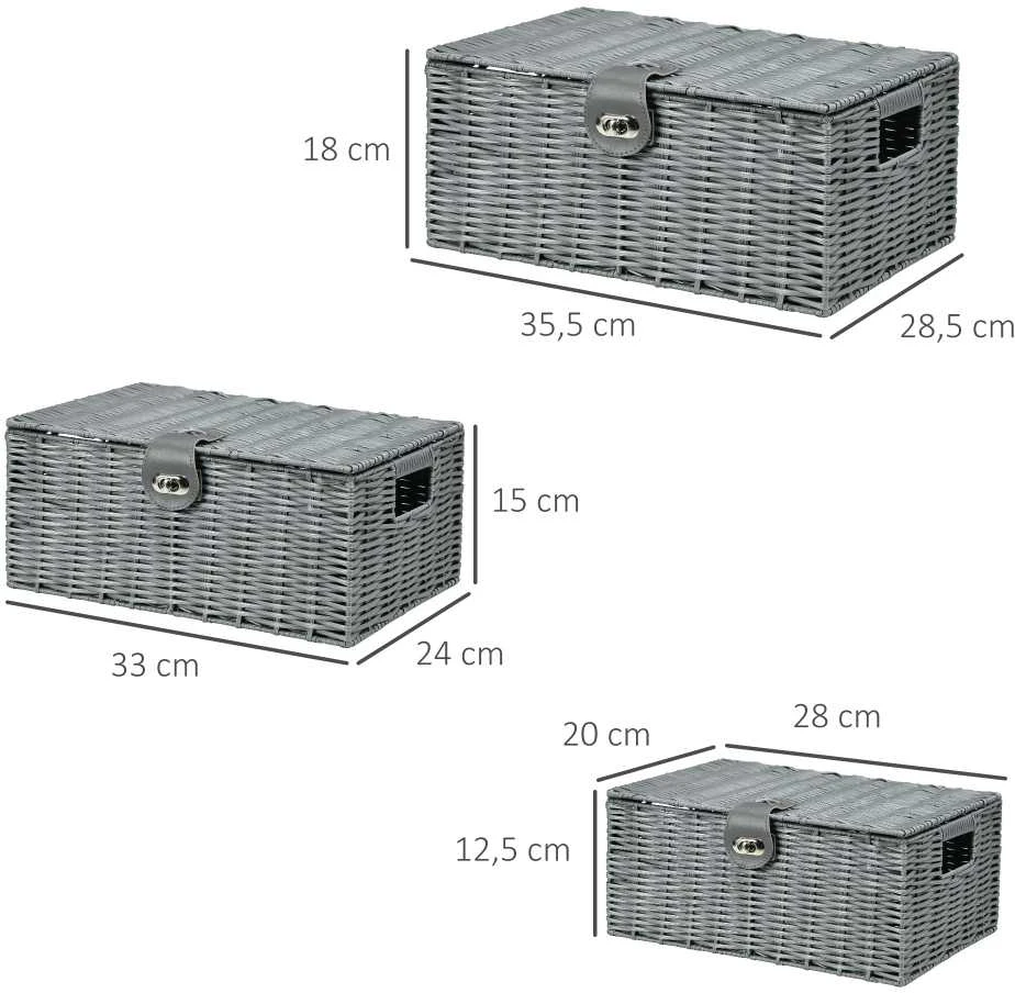 HOMCOM daiktadėžės, 3 vnt. rinkinys su dangčiais ir sagtimis, 18L/12L/7L, svetainei, pilkos