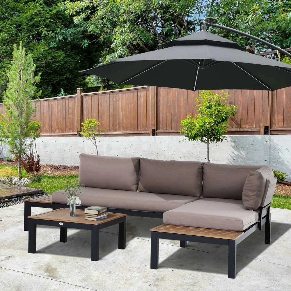 Lauko baldų komplektas Outsunny 3 dalių sodo baldų komplektas su šoniniu staliuku, sofa su pagalvėlėmis, lauko, aliuminis, 164 x 74 x 69 cm