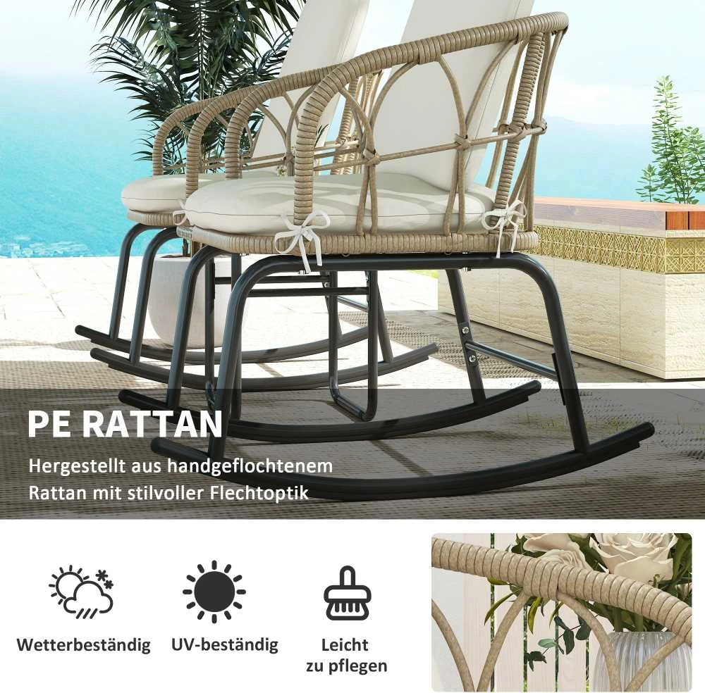 Lauko baldų komplektas Outsunny 3 dalių rotango supamųjų kėdžių komplektas, sodo baldų rinkinys su 2 supamosiomis kėdėmis, 1 kavos staliuku, sodo baldų komplektas su pagalvėlėmis