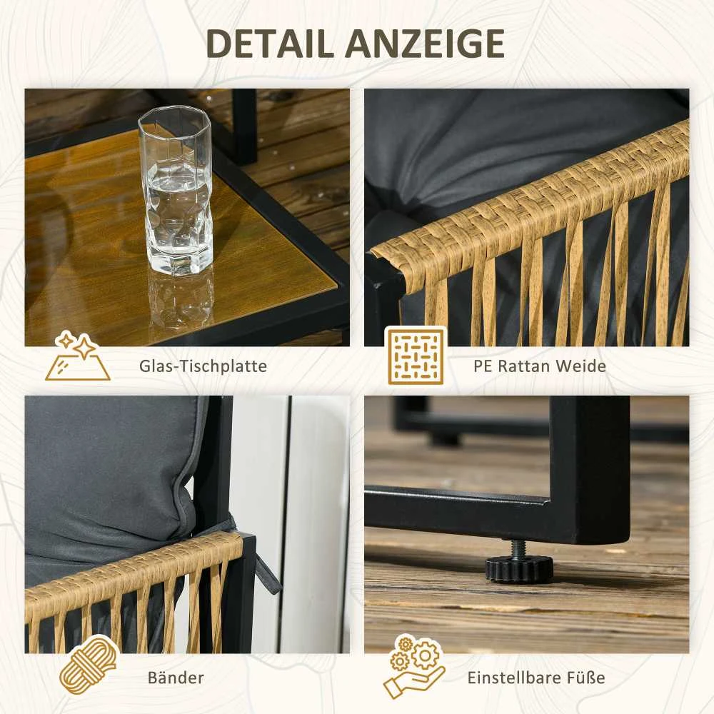 Lauko baldų komplektas Outsunny 4 dalių rotango sodo baldų komplektas, sėdimoji dalis su pagalvėlėmis, sodo baldų komplektas su 1 stikliniu kavos staliuku, 2 foteliais, 1 dviviete sofa