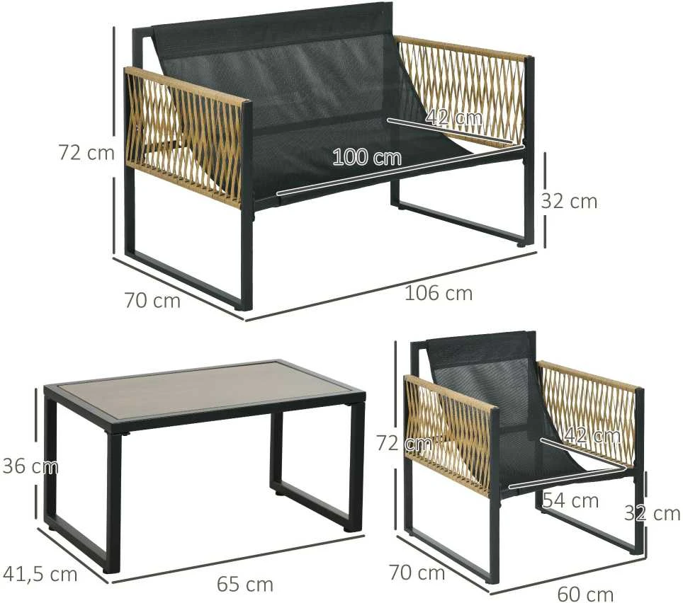 Lauko baldų komplektas Outsunny 4 dalių rotango sodo baldų komplektas, sėdimoji dalis su pagalvėlėmis, sodo baldų komplektas su 1 stikliniu kavos staliuku, 2 foteliais, 1 dviviete sofa