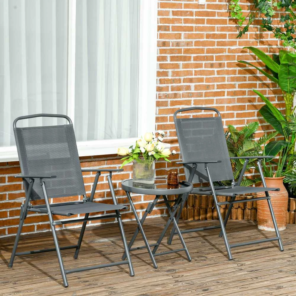 Lauko baldų komplektas Outsunny 3 dalių metalinis bistro komplektas, atsparus oro sąlygoms, su sulankstomu stikliniu stalu ir kėdėmis, sodui, balkonui, tamsiai pilkas