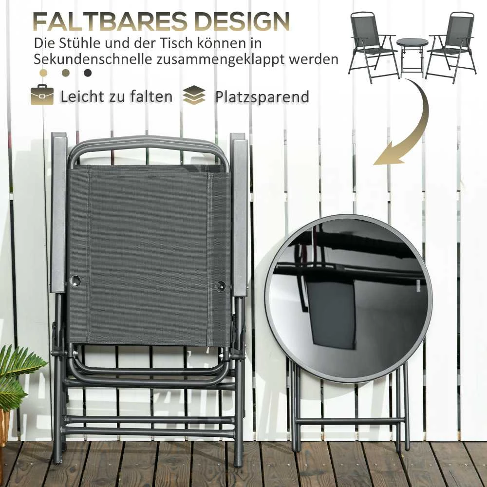Lauko baldų komplektas Outsunny 3 dalių metalinis bistro komplektas, atsparus oro sąlygoms, su sulankstomu stikliniu stalu ir kėdėmis, sodui, balkonui, tamsiai pilkas